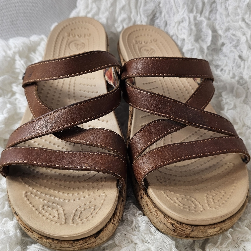 Crocs Sandals Brown Leather A-Leigh Cork Low Wedge Size 8 Slip On